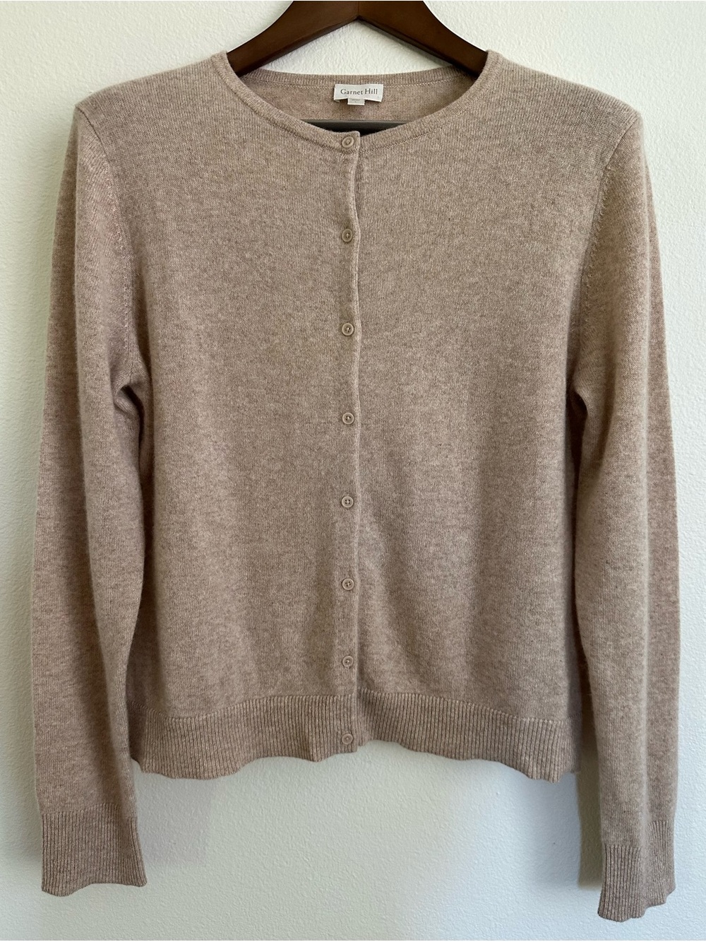 NWOT Garnet Hill Cashmere Cardigan size L in Heathered Tan